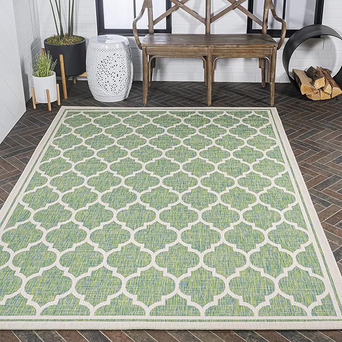 Eyely BMS109I-5 Santa Monica Trebol Moroccan Trellis Textured Weave Indoor/Outdoor Area Rug Coastal;Bohemian, Bedroom, Backyard, Patio, Easy-Cleaning, Non-Shedding, 5 X 8, Cream/Green