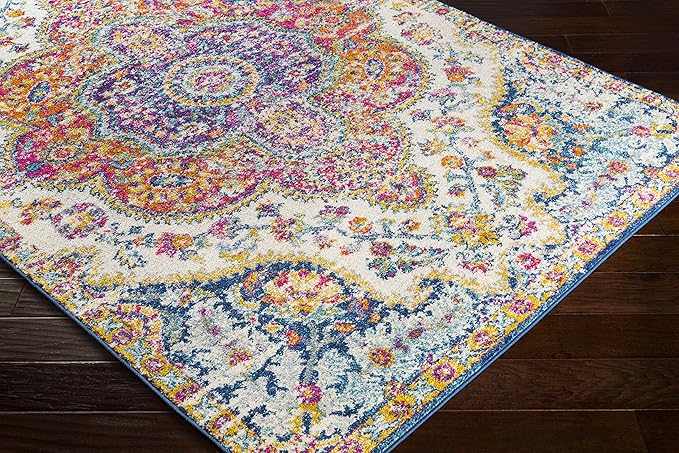 Livabliss Area Rugs - 8ft Round Romaine Vintage Boho Fuchsia Mustard Blue Round Area Rug for Living Room Bedroom - Floral Medallion Stain Resistant Carpet for Kitchen, Nursery, Office (7'10" Round)