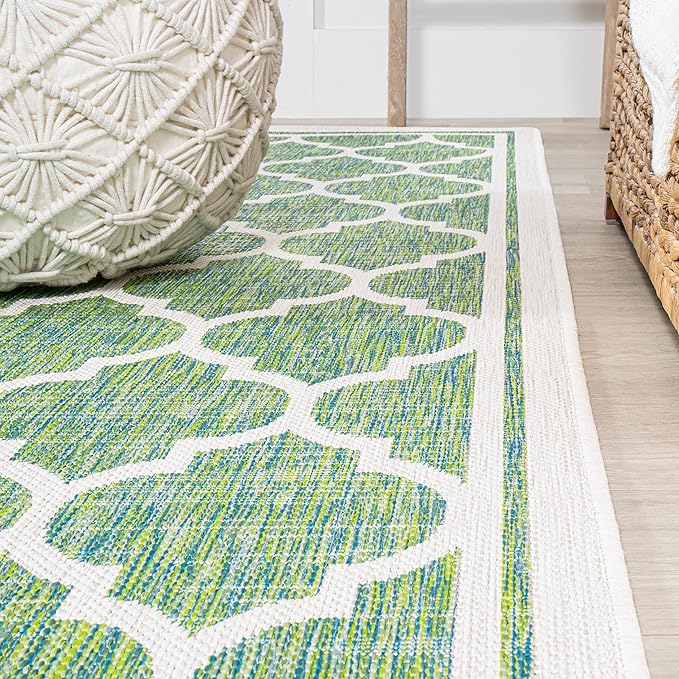 Eyely BMS109I-210 Santa Monica Trebol Moroccan Trellis Textured Weave Indoor/Outdoor Runner Rug Coastal;Bohemian, Bedroom, Backyard, Patio, Easy-Cleaning, Non-Shedding, 2 X 10, Cream/Green