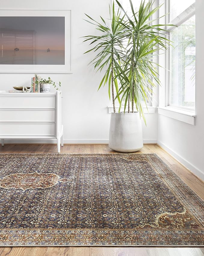 Loloi Layla Collection LAY-09 Cobalt Blue/Spice 3'-6" x 5'-6" .13" Thick Accent Rug, Soft, Durable, Vintage Inspired, Distressed, Low Pile, Non-Shedding, Easy Clean, Printed, Living Room Rug
