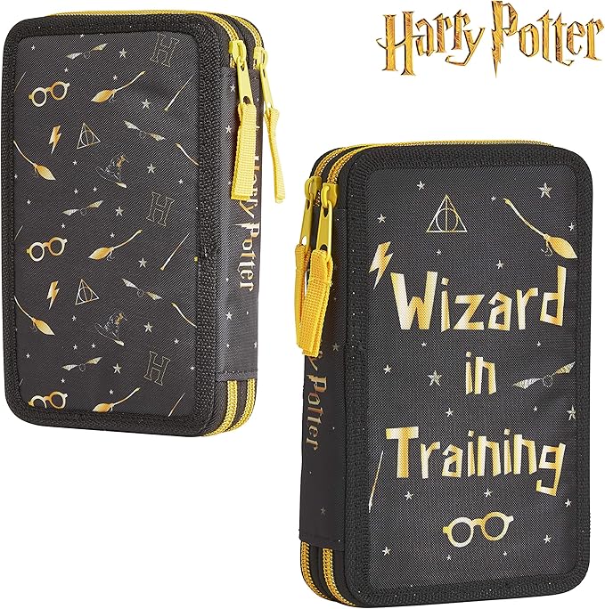 Harry Potter Gifts Pencil Case with Secret Light Wand Pen, Large Double Zip Organizer Filled with School Art Supplies for Kids, Boys and Girls (Black/Yellow)