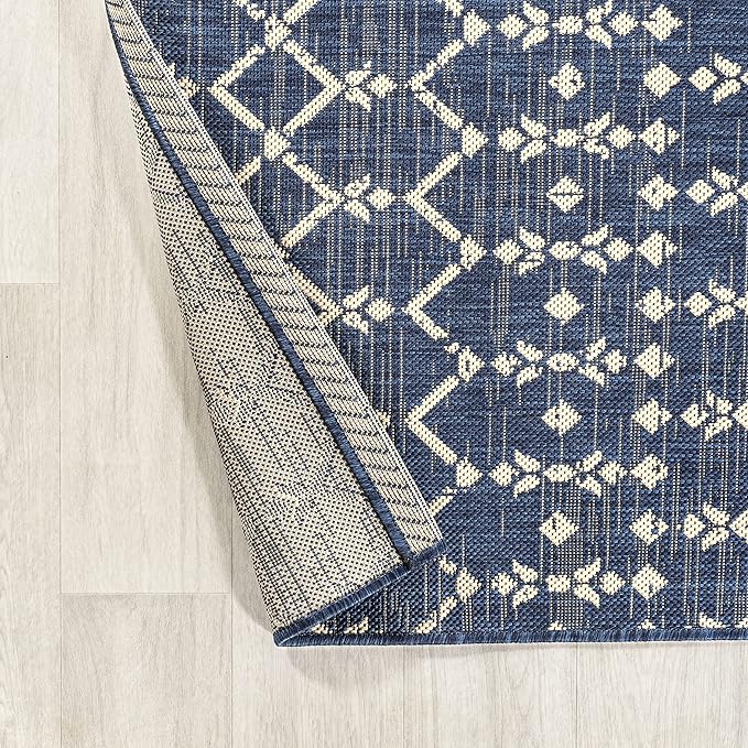 JONATHAN Y SMB108K-28 Ourika Moroccan Geometric Textured Weave Indoor Outdoor Runner Rug, Bohemian Coastal Traditional Easy-Cleaning,Bedroom,Kitchen,Backyard,Patio,Non Shedding, 2 X 8, Navy/Beige