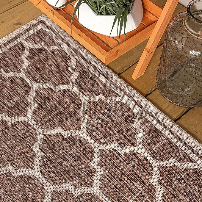 Eyely BMS109B-28 Santa Monica Trebol Moroccan Trellis Textured Weave Indoor/Outdoor Runner Rug Coastal;Bohemian, Bedroom, Backyard, Patio, Easy-Cleaning, Non-Shedding, 2 X 8, Espresso/Taupe