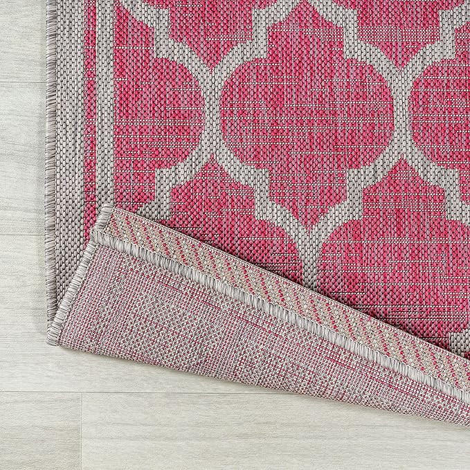 Eyely BMS109H-28 Santa Monica Trebol Moroccan Trellis Textured Weave Indoor/Outdoor Runner Rug Coastal;Bohemian, Bedroom, Backyard, Patio, Easy-Cleaning, Non-Shedding, 2 X 8, Fuchsia/Light Gray
