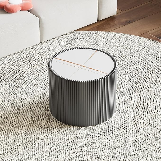 Round Coffee Table Set with Sintered Stone Tabletop, 29.52" White Drum Center Table and 17.71" Grey Coffee Table Set, 2 Pieces Living Room Table Set with Fluted PU Leather Cover& Stable Base