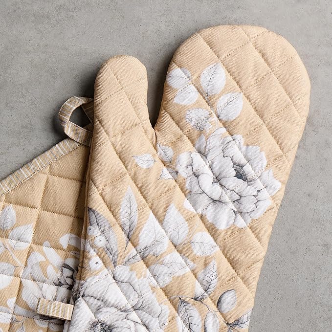 Maison d' Hermine 100% Cotton Oven Mitt & Pot Holder Set (7.5"x13" & 8"x8") Heat Resistant BBQ Cooking Gloves with Loop for Thanksgiving Christmas Decorations Handling Hot Pans (Pretty Autumn)