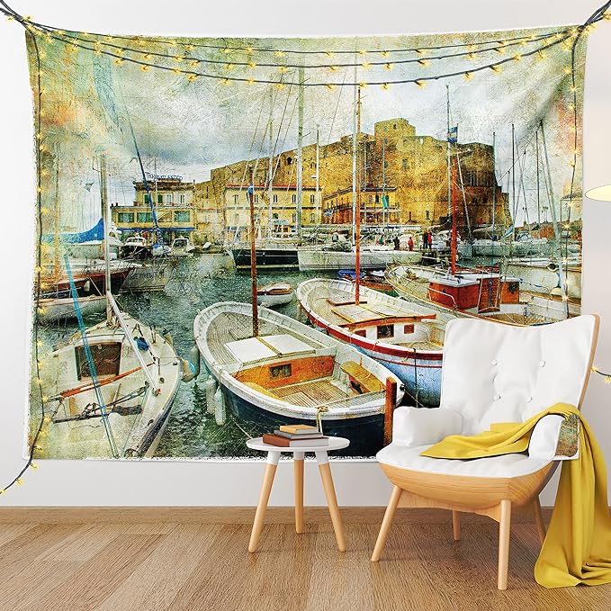 Ambesonne Marine Tapestry, Naples Small Boats at Historical Italian Coast Heritage Castle Nautical Art, Wide Wall Hanging for Bedroom Living Room Dorm, 60" X 40", Earth Yellow