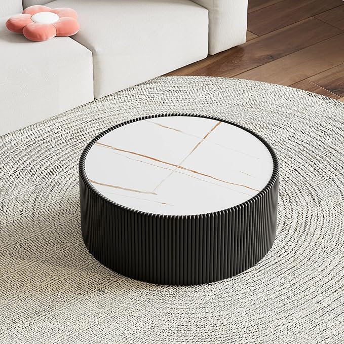 Round Coffee Table Set with Sintered Stone Tabletop, 29.52" Black Drum Center Table and 17.71" White Coffee Table Set, 2 Pieces Living Room Table Set with Fluted PU Leather Cover& Stable Base