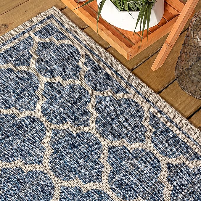 Eyely BMS109D-28 Santa Monica Trebol Moroccan Trellis Textured Weave Indoor/Outdoor Runner Rug Coastal;Bohemian, Bedroom, Backyard, Patio, Easy-Cleaning, Non-Shedding, 2 X 8, Navy/Gray