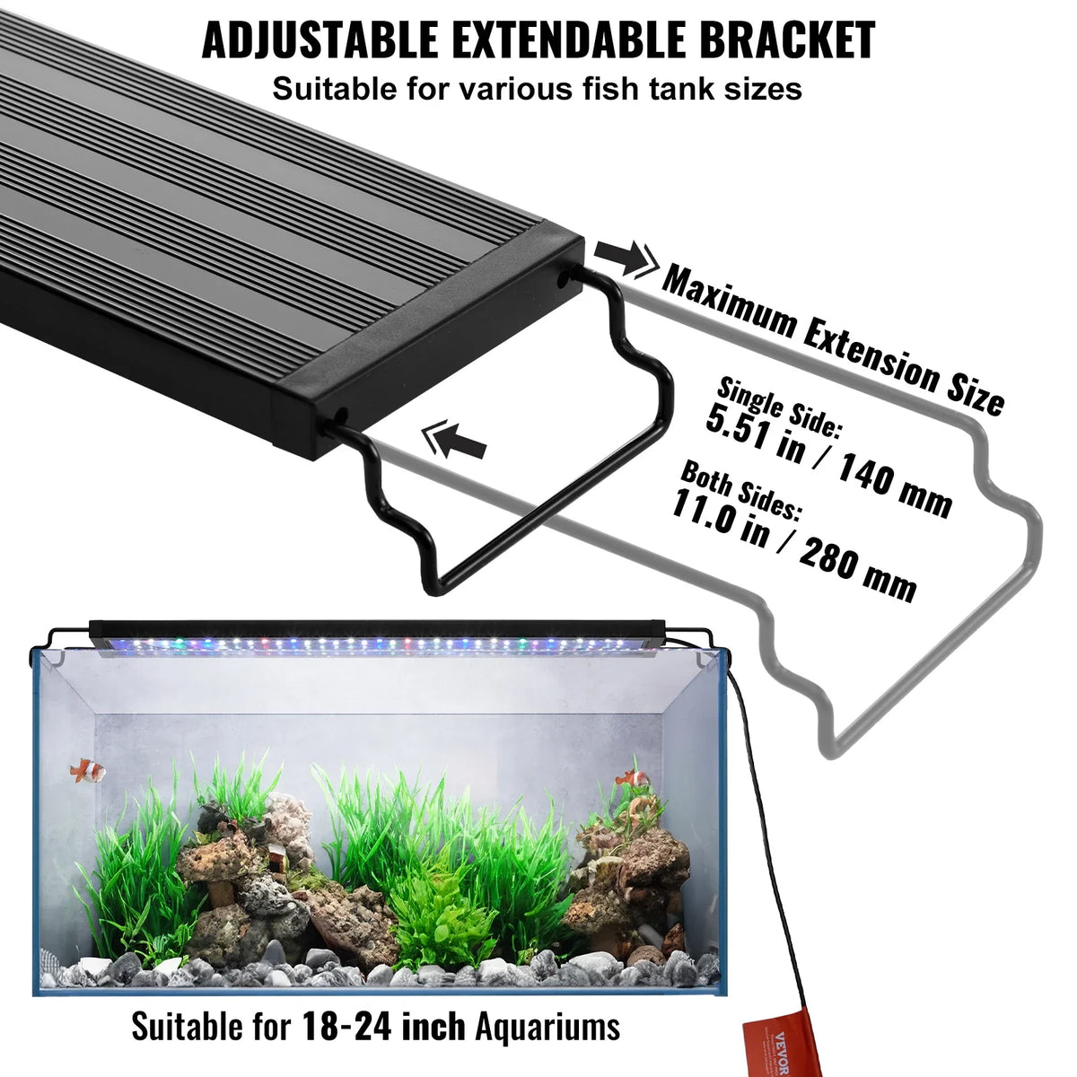 Aquarium Light 14W with 5 Levels Adjustable Brightness with ABS Shell Extendable Brackets for 18"-24" Freshwater Fish Tank