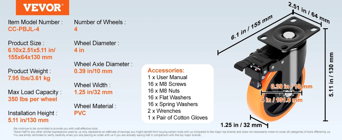 2/3/4/5/6-inch Swivel Plate Casters Set of 4 with Security Dual Locking PVC Caster Wheels for Cart Furniture Workbench