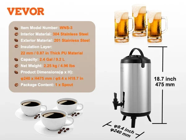 Stainless Steel Insulated Beverage Dispenser, 6/7.6/9.2L, Thermal Hot and Cold Drink Server Dispenser with Spigot Handle