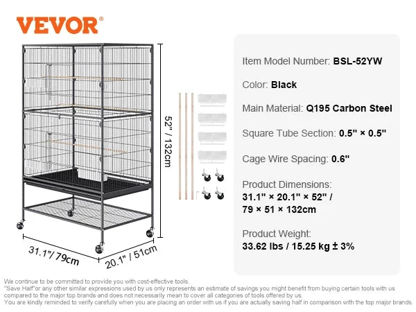 52/54 inch Standing Large Flight Bird Cage Carbon Steel Parakeets Cages with Rolling Stand and Tray for Cockatiels Parrots