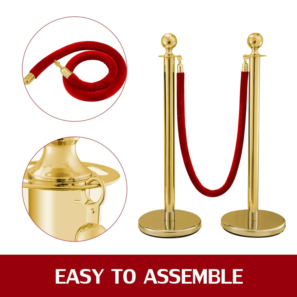 38Inch Gold Stanchion Posts Queue Red Velvet Rope Crowd Control Line Barriers with Stable Base for Party Supplies