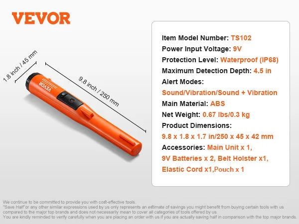 Metal Detector Pinpointer IP66/IP68 Waterproof Handheld Pin Pointer Wand 1.96"/4.5" Detection Depth 3 Modes for Detecting