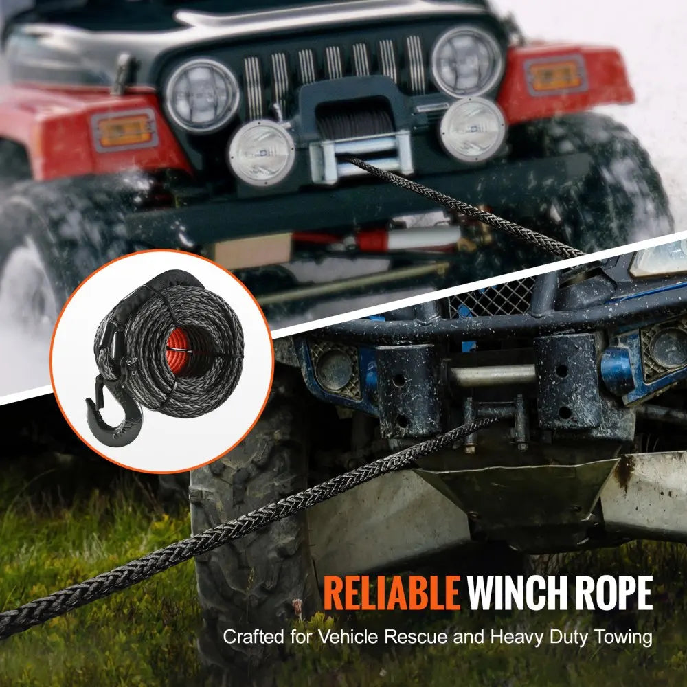 Synthetic Winch Rope Synthetic Winch Line Cable Rope with Protective Sleeve + Forged Winch Hook + Pull Strap