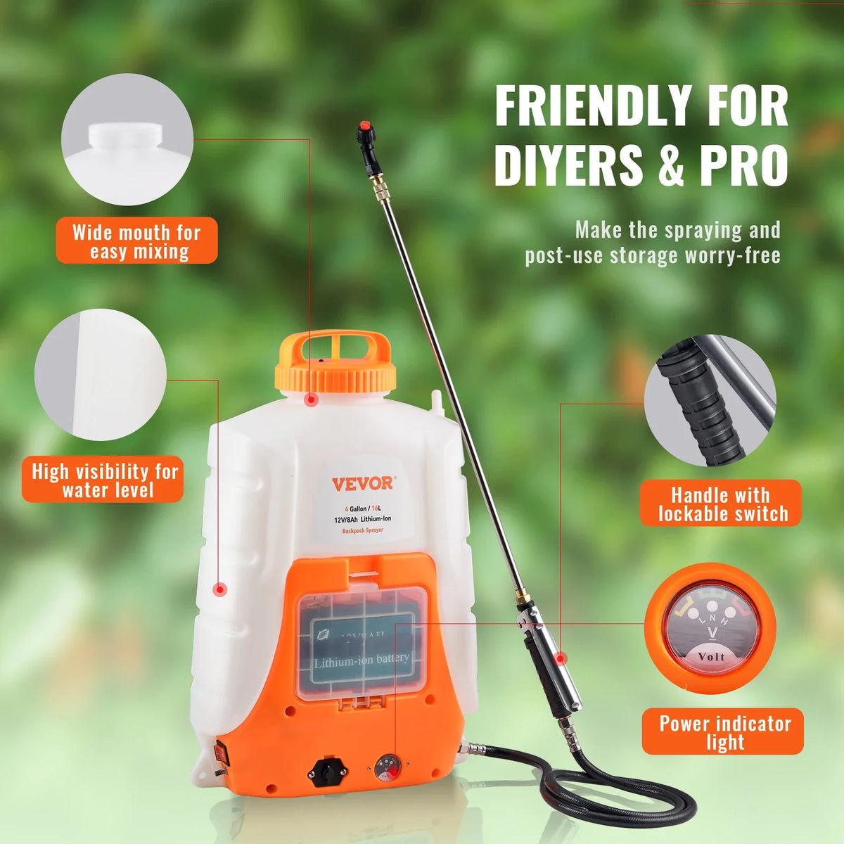 Battery Powered Backpack Sprayer, 0-90 PSI Adjustable Pressure, 4 Gallon Tank,Back Pack Sprayer with 8 Nozzles and 2 Wands
