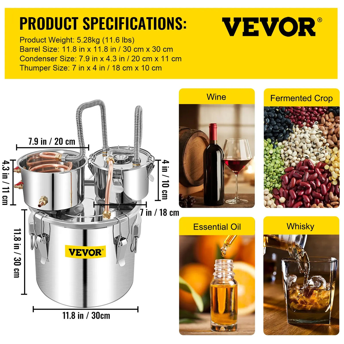 11L-50L Stainless Steel Moonshine Still Distiller w/Copper Tube, Built-in Thermometer & Circulating Pump- Home Brewing Kit