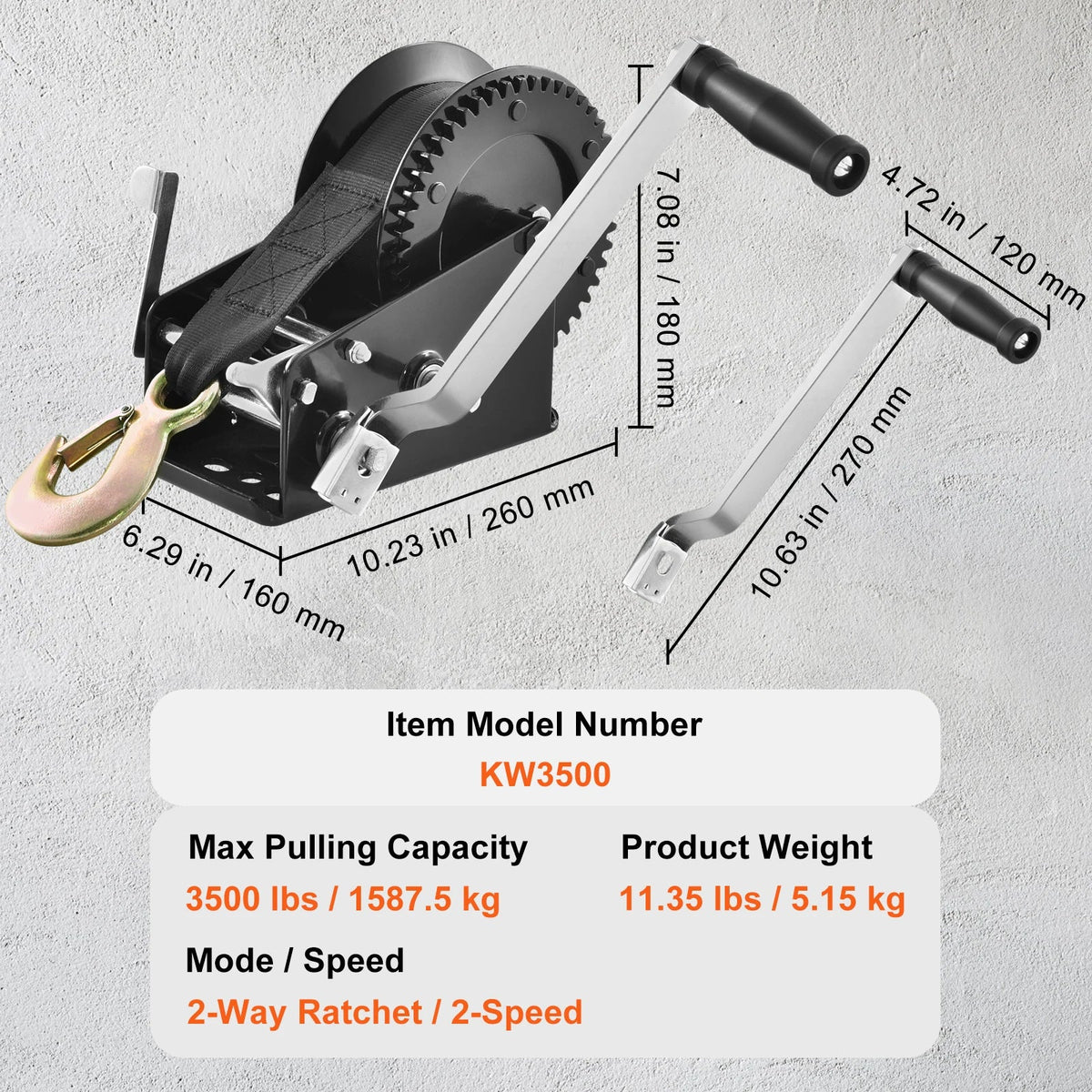 Hand Winch, 1200/1600/2000/3500 lbs Pulling Capacity, Manual Operated Hand Crank Winch for Trailer, Boat or ATV Towing
