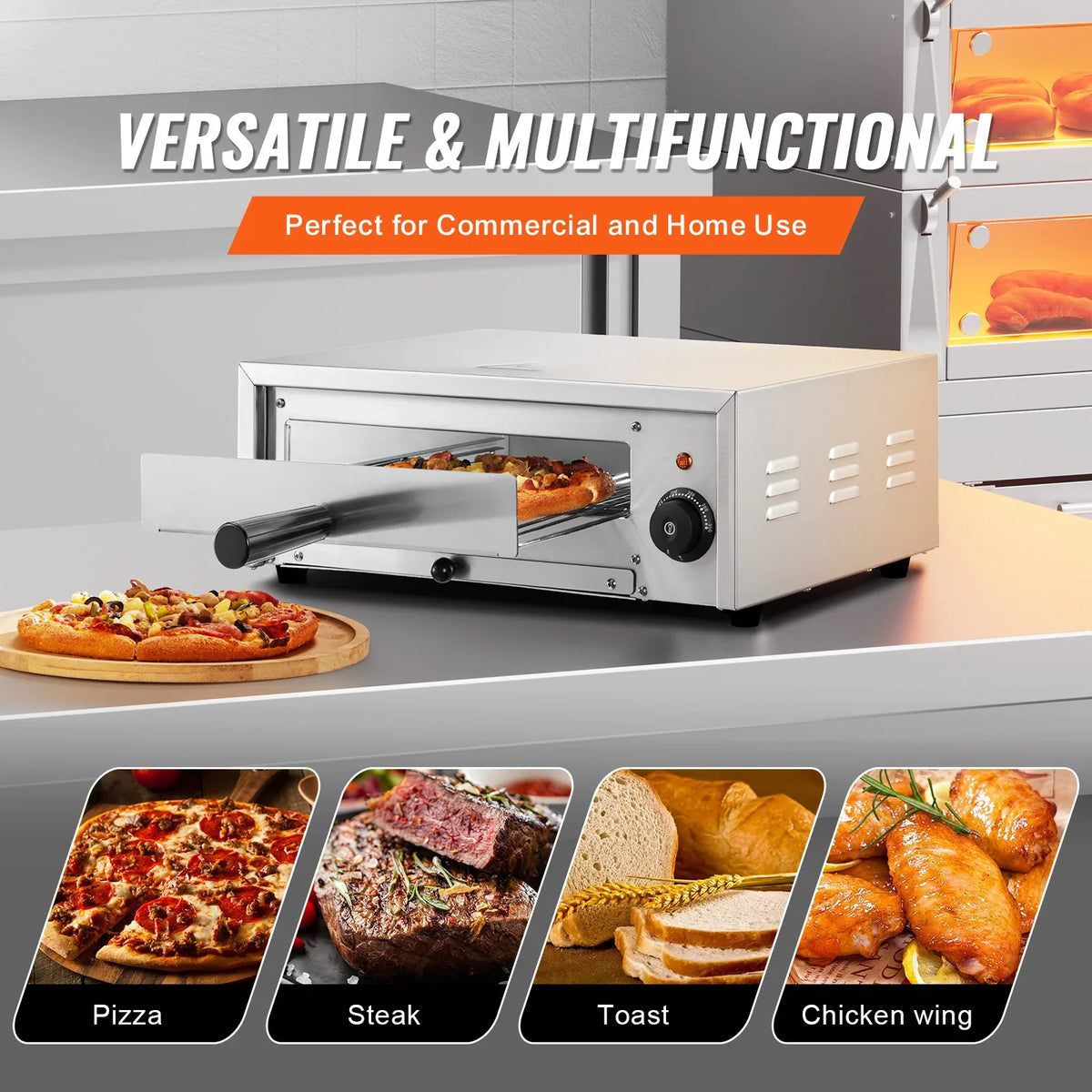 Countertop Electric Pizza Oven,12-inch,1500W,122-662℉ Temp Range,Stainless Steel Construction and Easy-to-Clean Crumb Tray