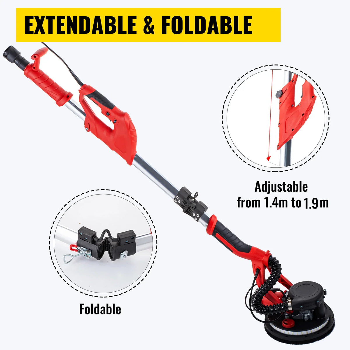 850W Electric Drywall Sander Variable Speed 800-1750RPM Foldable Sheetrock Sander with Telescope Handle Electric Sander