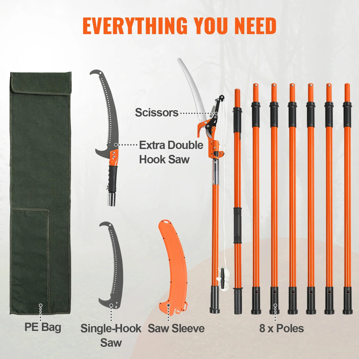 Manual Pole Saw 7.3-27 ft Extendable Tree Pruner High Branches Trimming w/8 Fiberglass Handles for Pruning Palms & Shrubs