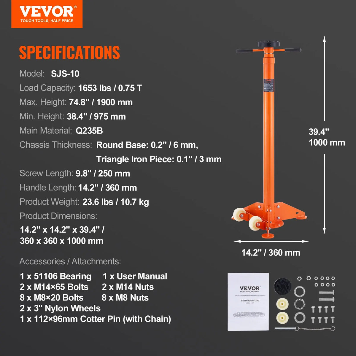 Underhoist Stand 3/4 Ton Capacity Pole Jack, Lifting from 43.3" to 70.9" Triangular Base Two Wheels Automotive Support