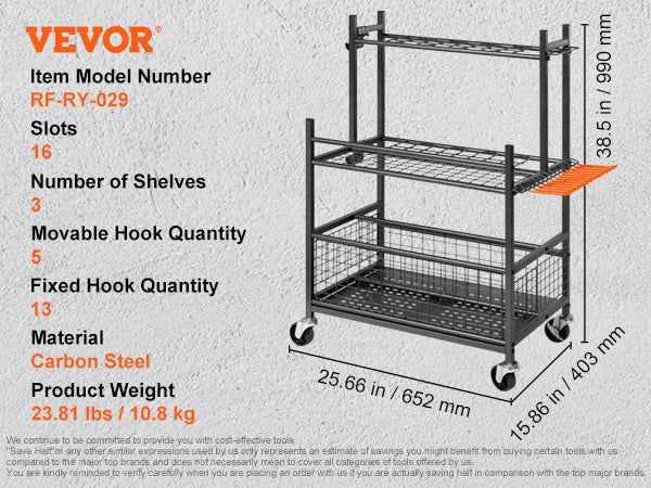 Garden Tool Organizer, 10/16 Slots with Hooks, Yard Tool Tower Rack with Wheels for Garage Organization and Storage