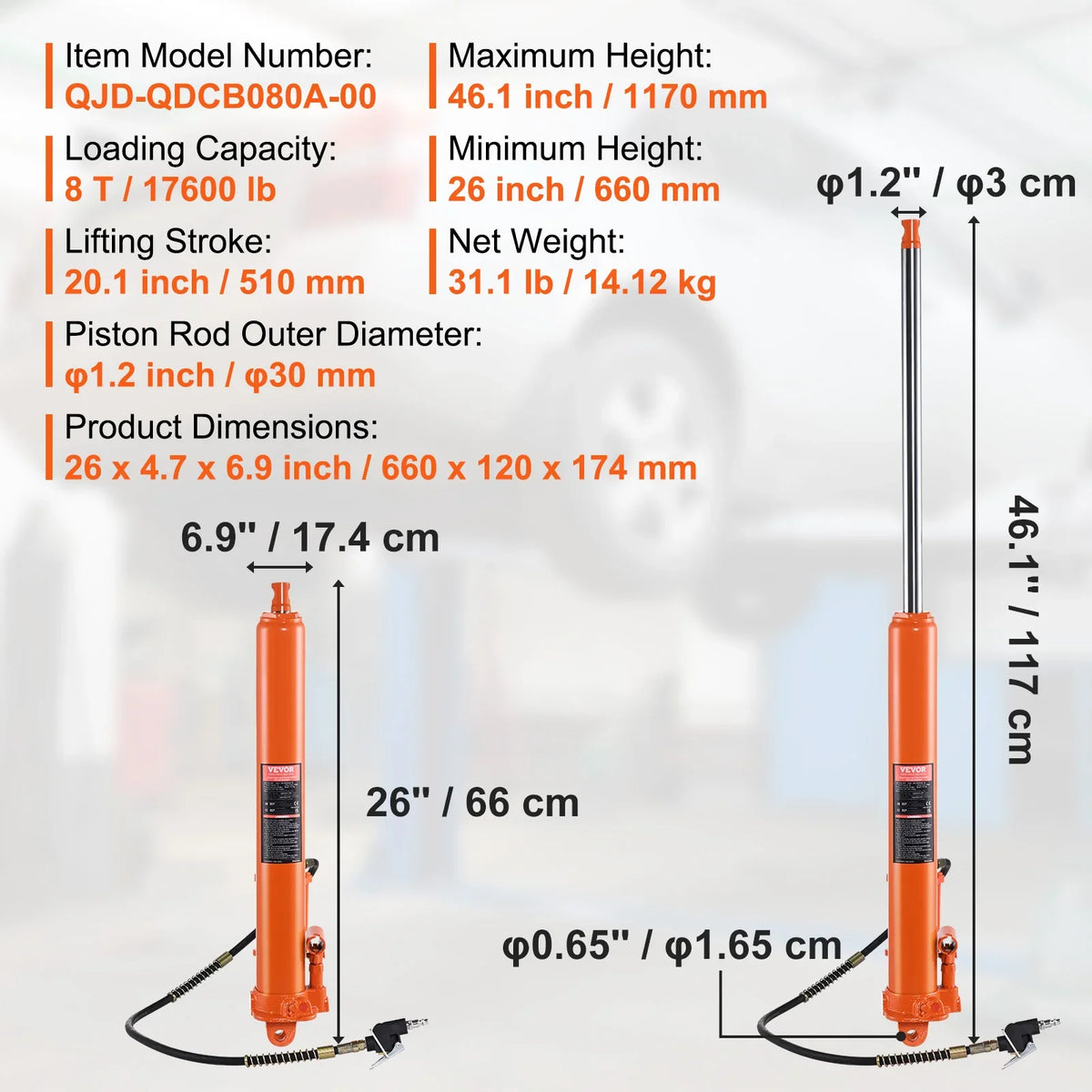 Hydraulic Long Ram Jack 3/8 Ton Engine Hoist Cylinder with Single Piston Pump And Clevis Base Hydraulic Ram Cylinder