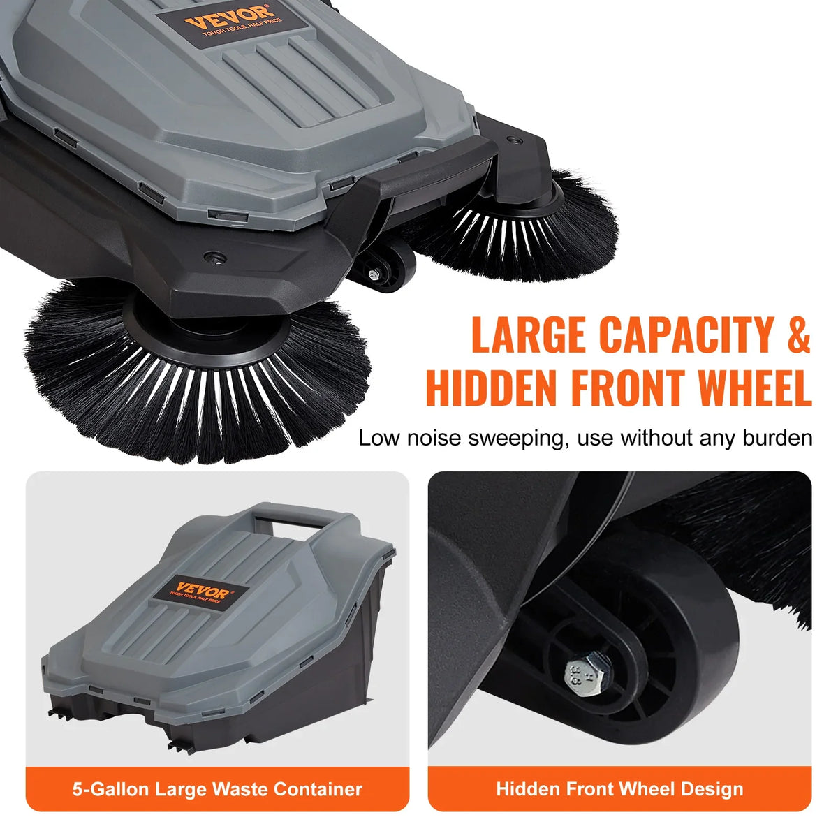 Walk-behind Hand Push Floor Sweeper 25.6" Sweeping Width Floor Sweeper 5-Gallon Waste Container Angle & Height Adjustable