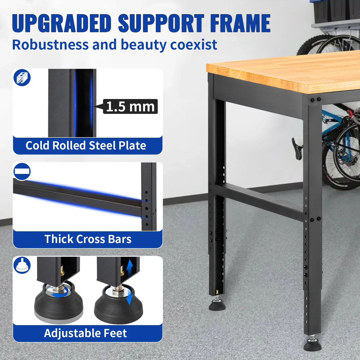 72cm Woodworking Workbench Adjustable Height Oak Wood Hardwood Top Work Table 900KG Load Capacity for Office Home Workshop