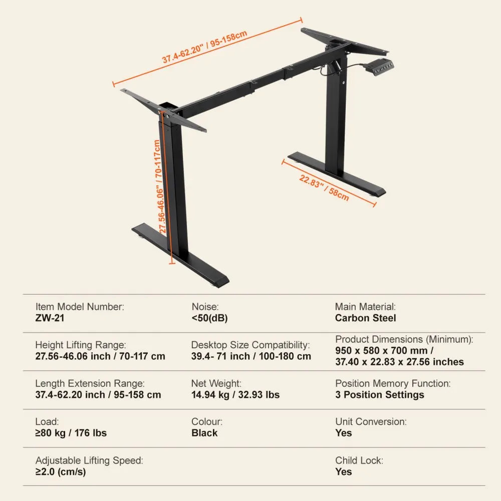 Standing Desk Frame Adjustable 70-117cm Height Electric Stand Up Computer Desk Legs Ergonomic for Home Office Frame Only