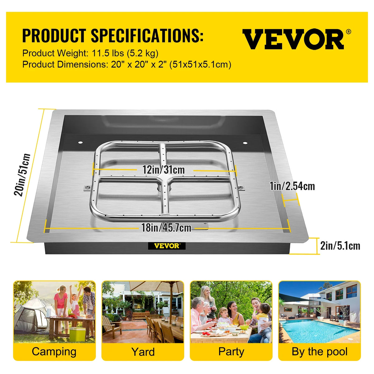 Drop in Fire Pit Pan 18\" x 18\" Square Fire Pit Burner Stainless Steel Gas Fire Pan with 1 Pack Volcanic Rock Fire Pit