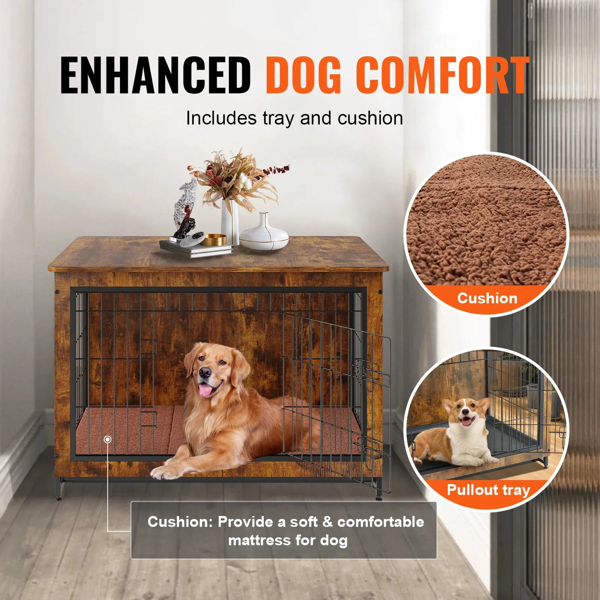 Dog Crate Furniture 38in Wooden Dog Crate W/Multi-Purpose Removable Tray Double Doors Modern Dog Kennel Indoor Up to 70lbs