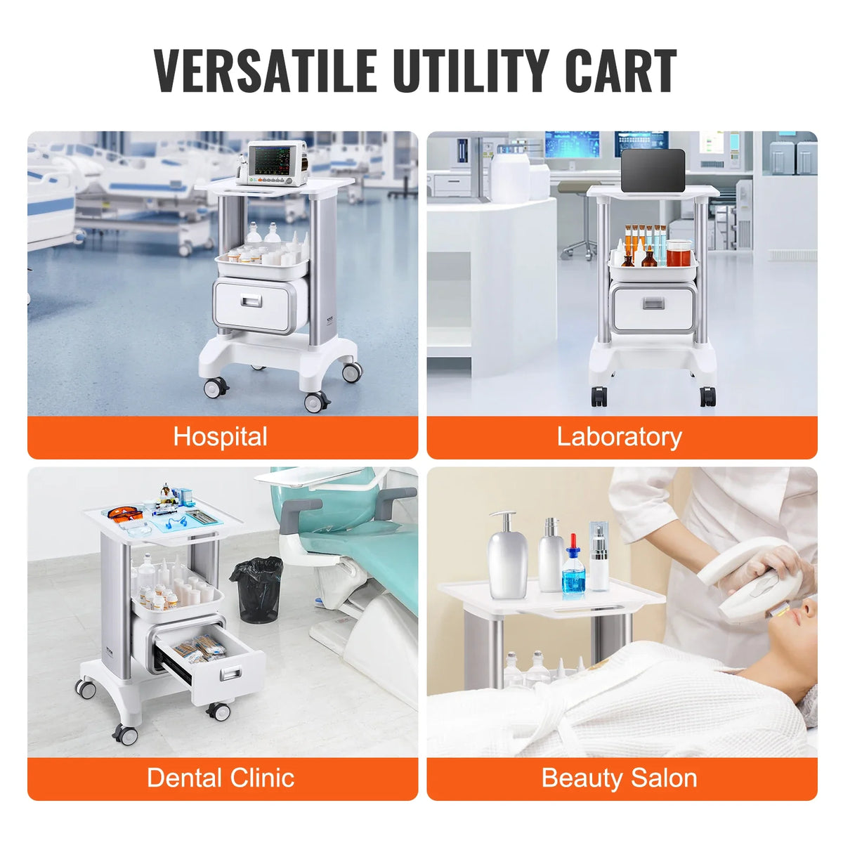 2 Tiers Lab Carts Lab Utility Cart Mobile Medical with ABS Material Lab Rolling Cart for Lab Clinic Hospital Salon