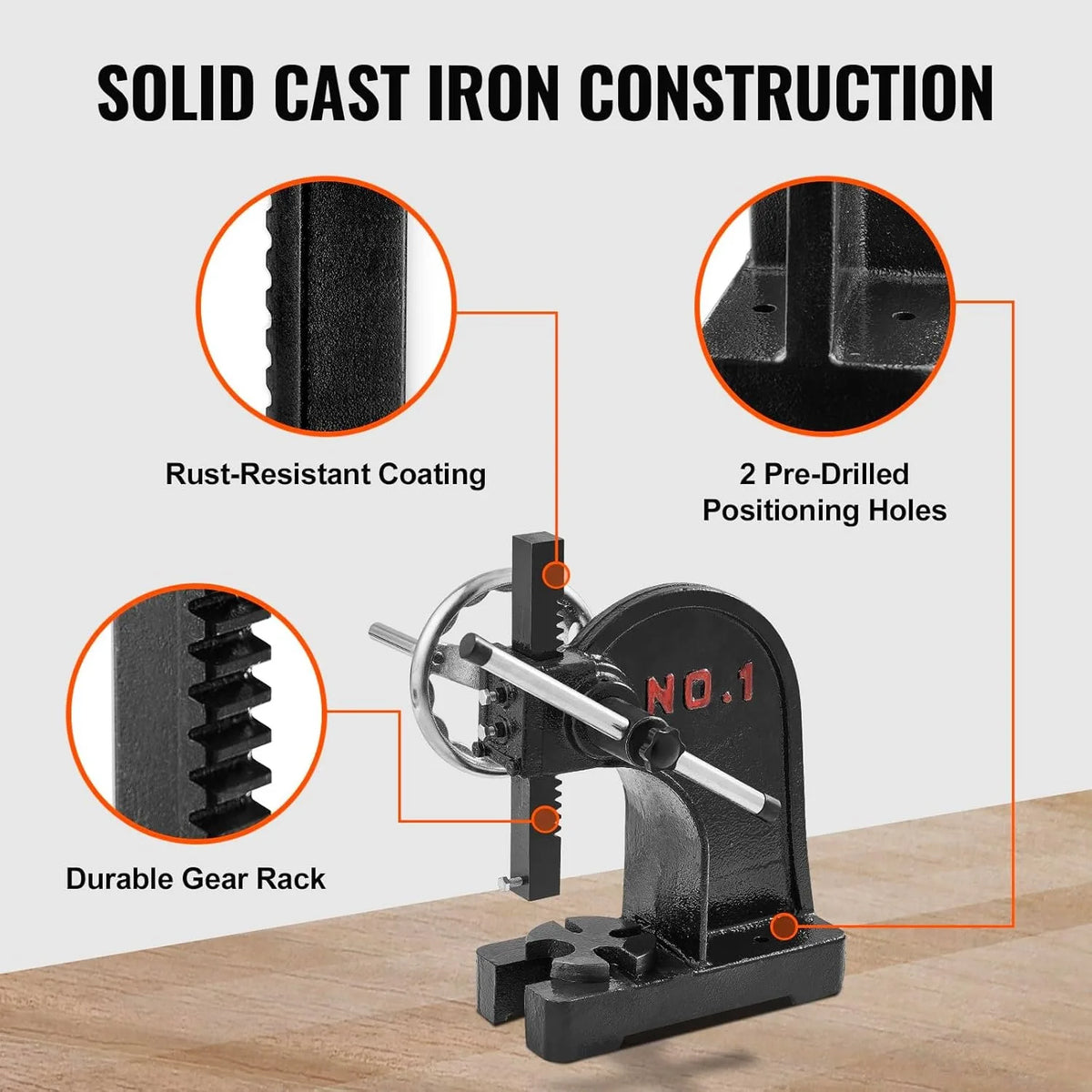 Arbor Press, 1 Ton Manual Arbor Press with Handwheel, 5.9" Maximum Height, Cast Iron Heavy-duty Manual Desktop Arbor Press