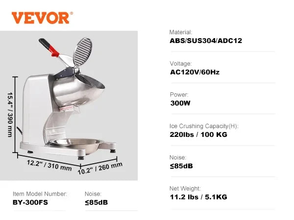 Ice Crushers Machine,220lbs Per Hour Electric Snow Cone Maker w/4 Blades,Stainless Steel Shaved Ice Machine w/Cover & Bowl