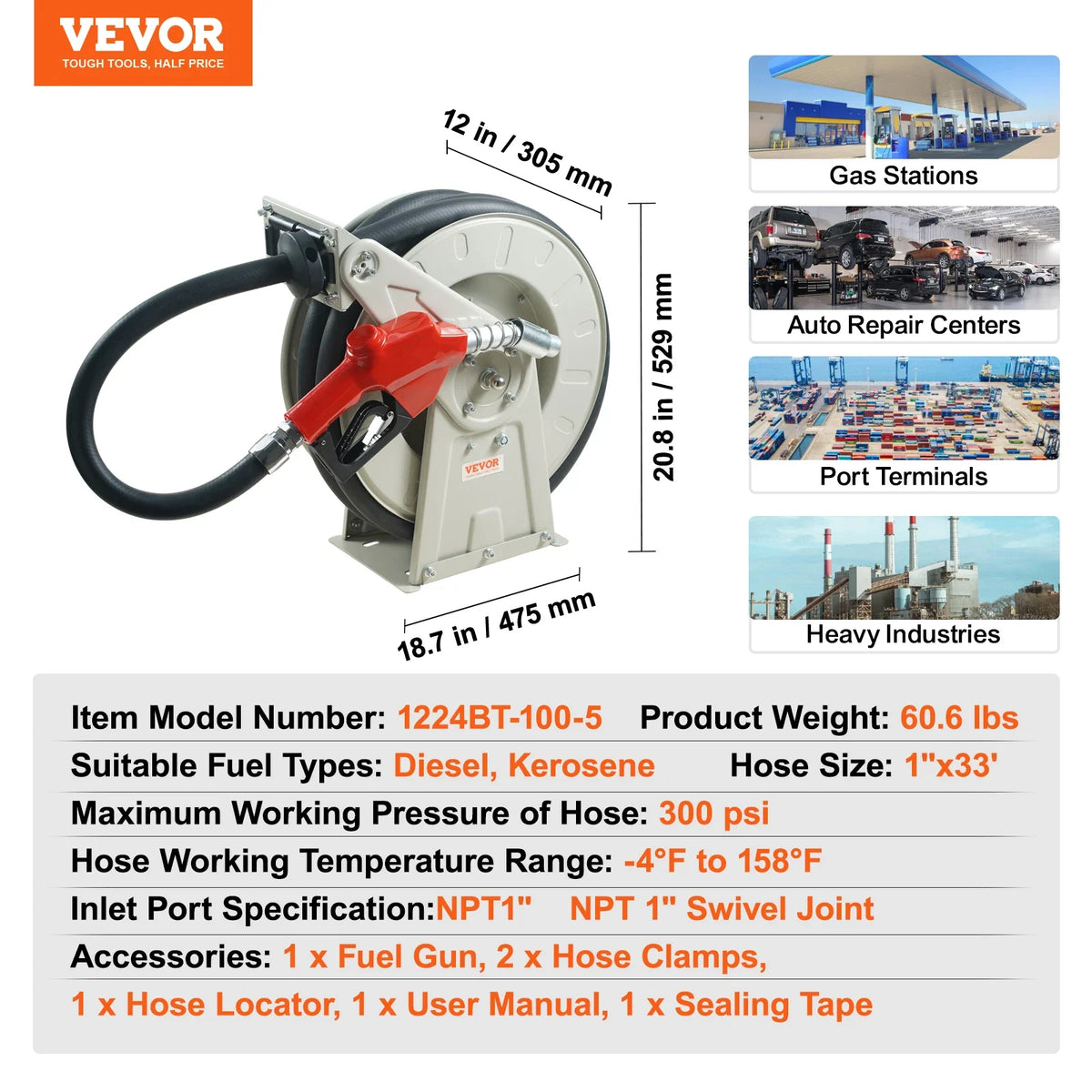 33/50/66ft Fuel Hose Reel Extra Long Retractable Spring Driven Auto Swivel Rewind for Auto Repair Heavy Industries