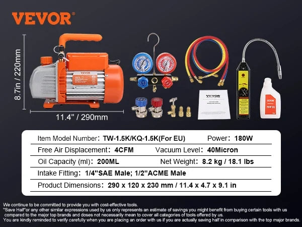 1/4HP 4CFM AC Vacuum Pump & Gauge Set,Single Stage Rotary Vane HVAC Air Vacuum Pump A/C Refrigerant Kit Manifold Gauge Set