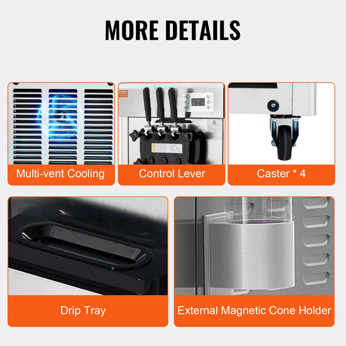 2200W Commercial Soft Ice Cream Machine 3 Flavors 5.3 to 7.4Gallon per Hour PreCooling at Night Auto Clean LCD Panel