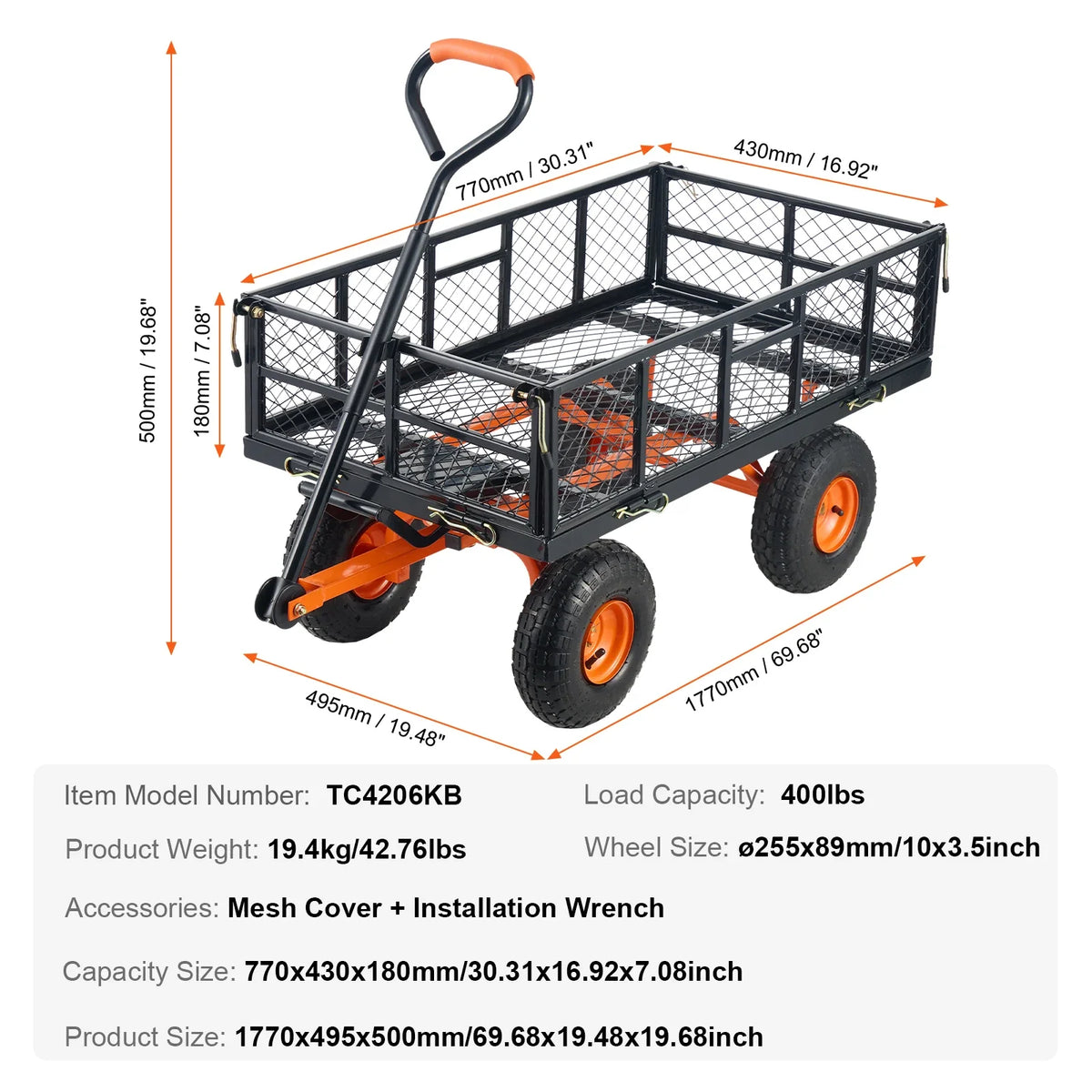 Garden Cart, 400/880 lbs Load Capacity, Sturdy Metal Utility Wagon with Simple Assembly, Equipped with 10" Wheels