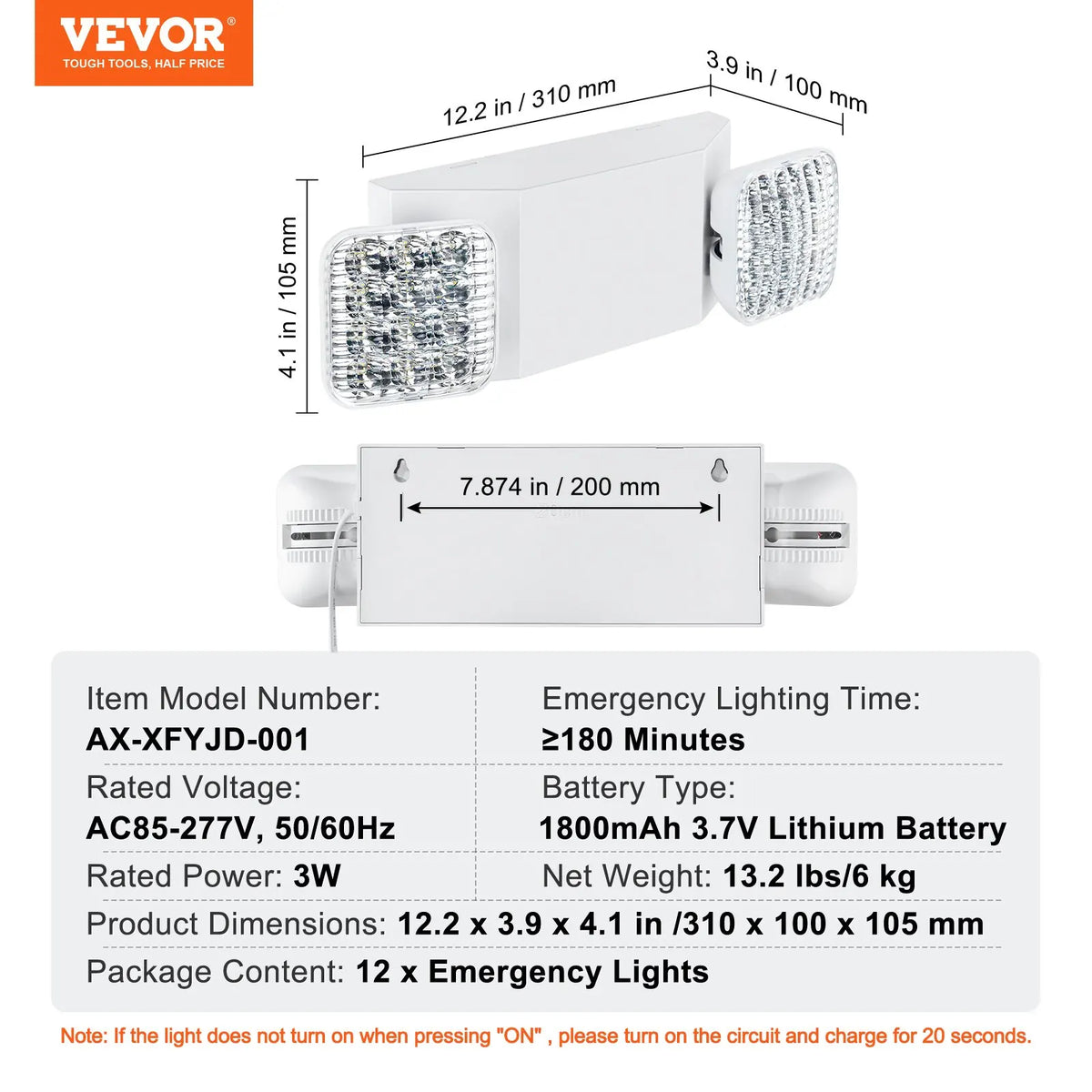 12 PCS Emergency Light, 3W, White LED Emergency Exit Lighting Fixtures w/180 Minutes Backup Battery Ceiling or Wall Mount