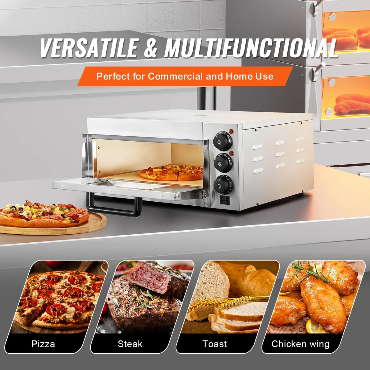 Commercial Pizza Oven Countertop, 16" Single Deck Layer, Stainless Steel Electric Pizza Oven with Stone and Handle
