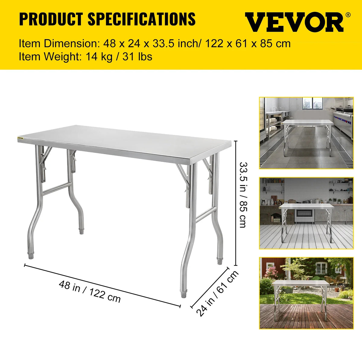 Commercial Worktable Workstation 48 x 24 Inch Folding Prep Table, Heavy-duty Stainless Steel Folding Table w/ 772 lbs Load