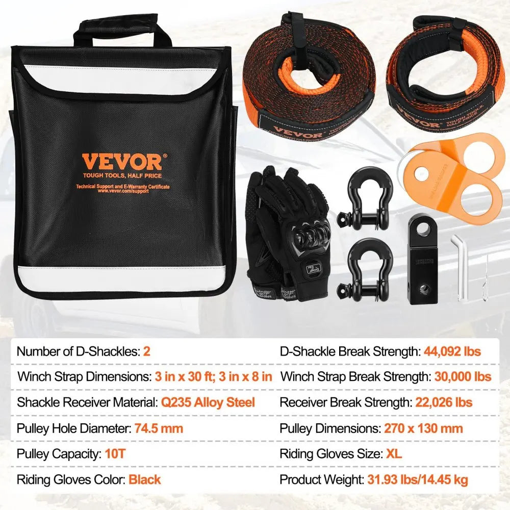 Off-Road Recovery Kit Heavy Duty Winch Recovery Kit with 30000 lbs Tow Straps D-Ring Shackles Shackle Receiver