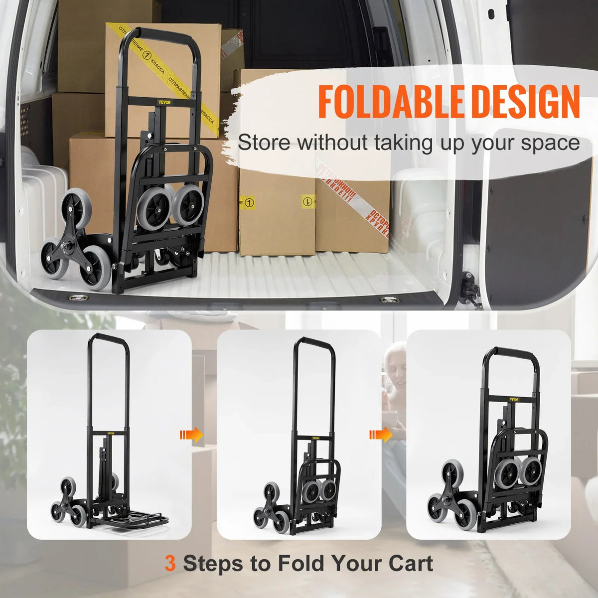375lbs Stair Climbing Cart Foldable Dolly with Adjustable Handle Hand Truck 10 Wheels All Terrain Cart for Transport Goods