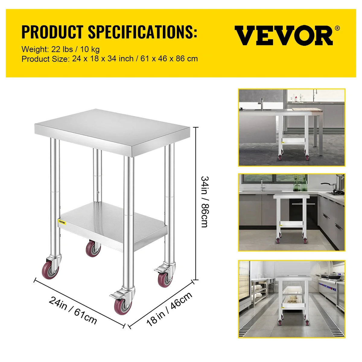 Stainless Steel 700lbs Kitchen Worktable with 4Caster Wheels Shelves Commercial Work Bench Table for Restaurant Storage