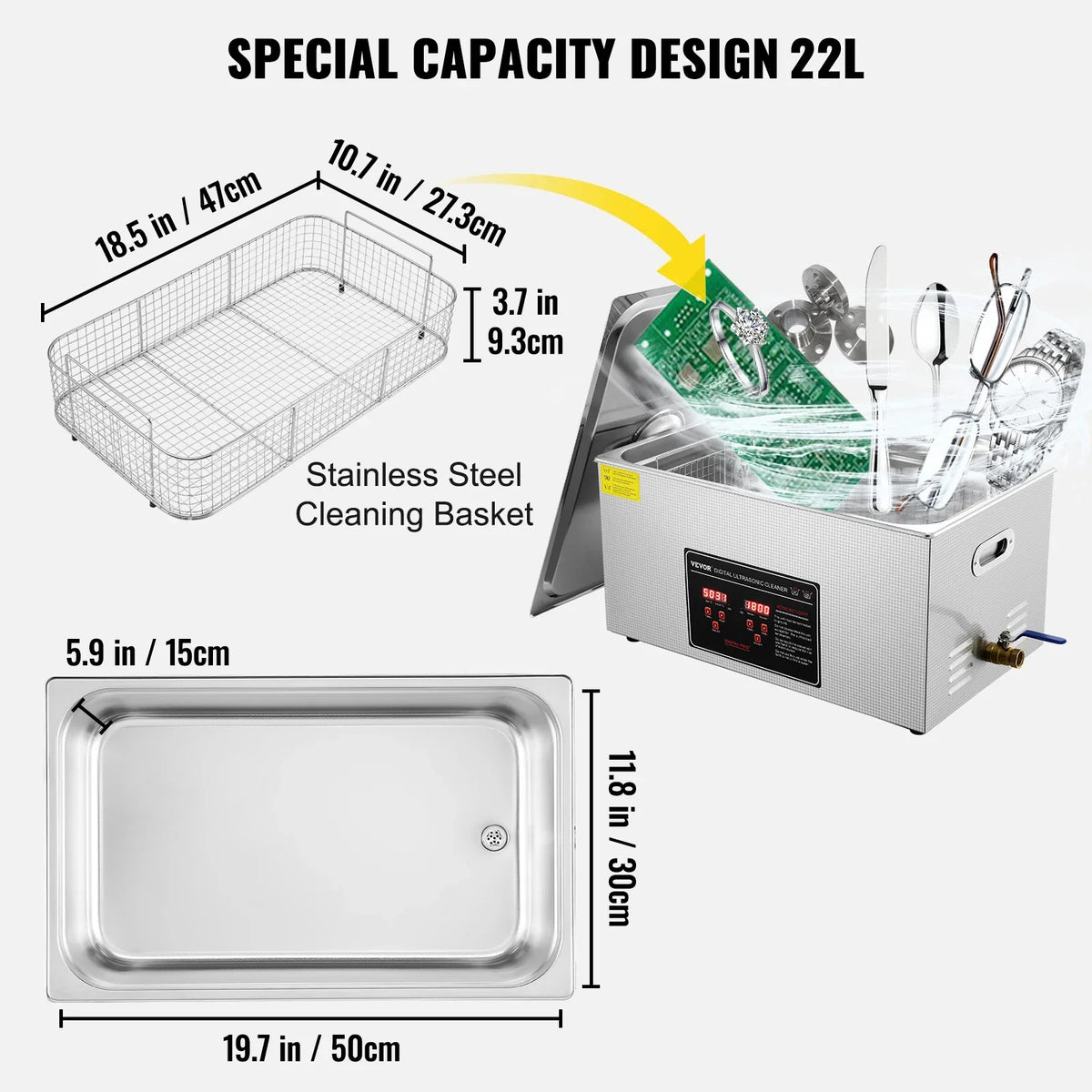 Ultrasonic Cleaner w/ Digital Timer & Heater,Professional Ultra Sonic Jewelry Cleaner,Stainless Steel Heated Clean Machine