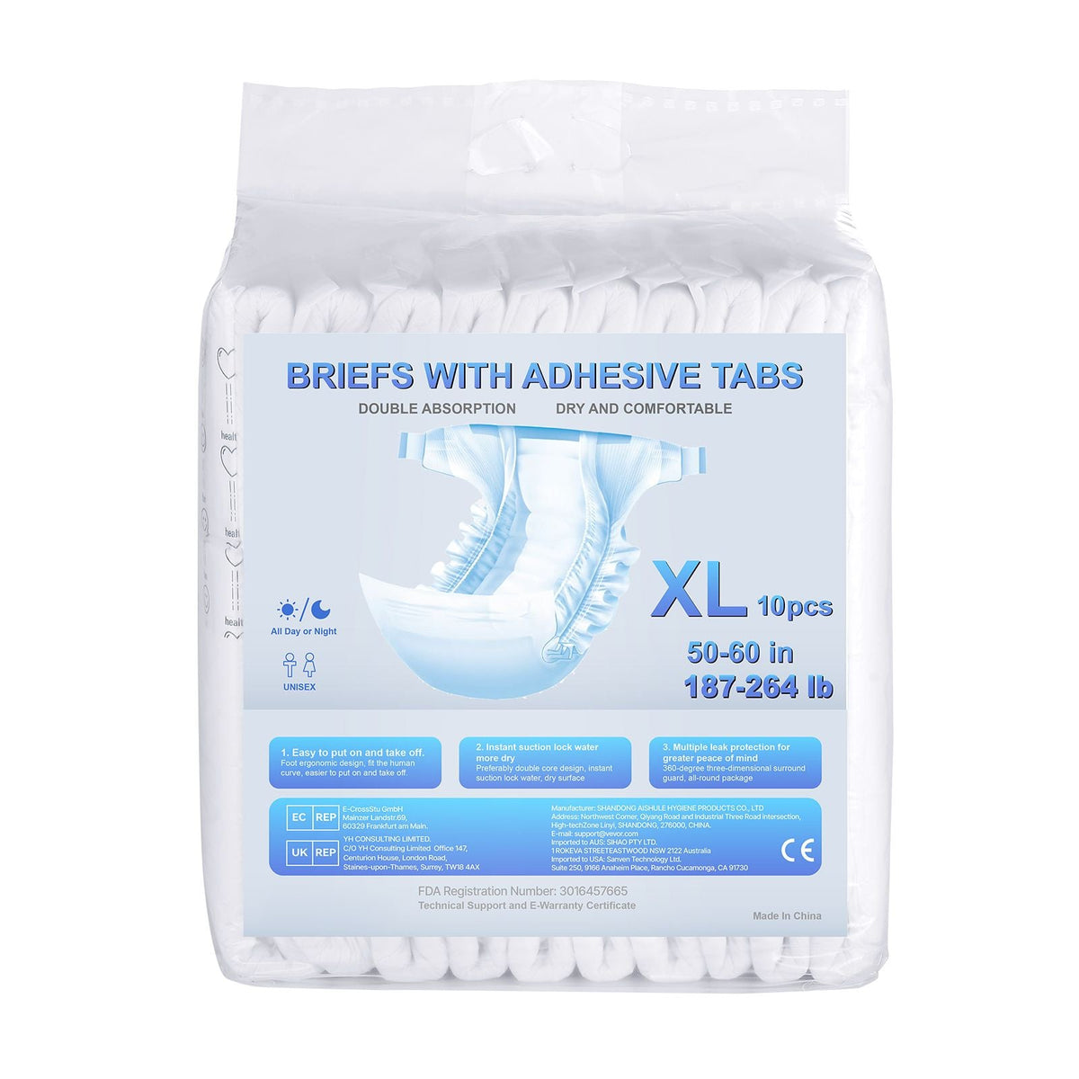 Adult Briefs with Tabs, Super Absorbent Incontinence Briefs for Men and Women, Disposable Adult Diapers with Leakproof 3D Surround Guard & Wetness Indicator - XL Size, 40 Count (4 Packs of 10)
