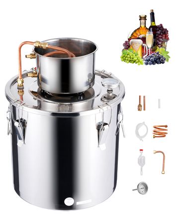 Alcohol Still, 8 Gal / 30 L Stainless Steel Water Alcohol Distiller with Copper Coil, Home Brewing Refining Fermentation Kit with Thermometer, for Wine Whisky Brandy, Silver